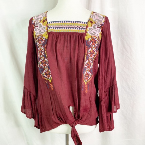 Entro Boho Southwest Embroidered Burgundy Red Flare Ruffle Sleeve Top Med - Picture 1 of 7